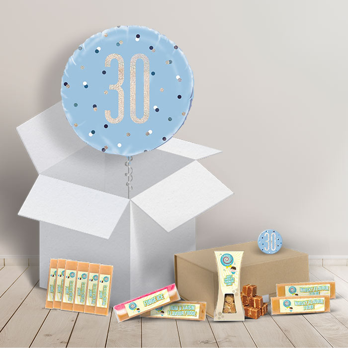 30th Birthday Gift Fudge & Balloon in a Box (Blue) | Party Save Smile