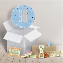 90th Birthday Fudge Box and Inflated Helium Balloon Gift Package in Blue