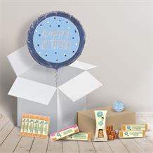 Happy Birthday Fudge Box and Inflated Helium Balloon Gift Package in Blue