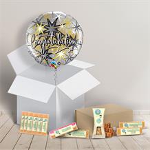 Congratulations Fudge Box and Inflated Helium Balloon Gift Package in Silver Design