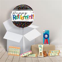 Happy Retirement Fudge Box and Inflated Helium Balloon Gift Package in Confetti Design