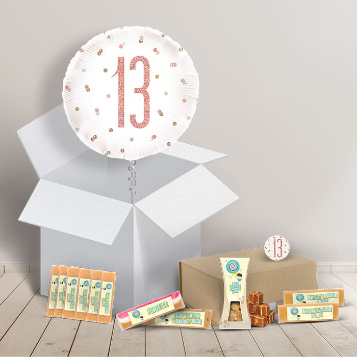 13th Birthday Fudge Box and Inflated Helium Balloon Gift Package in Rose Gold