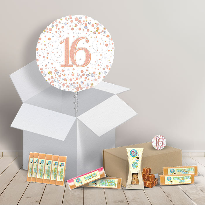 16th Birthday Fudge Box and Inflated Helium Balloon Gift Package in Rose Gold