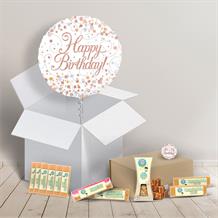 Happy Birthday Fudge Box and Inflated Helium Balloon Gift Package in Rose Gold