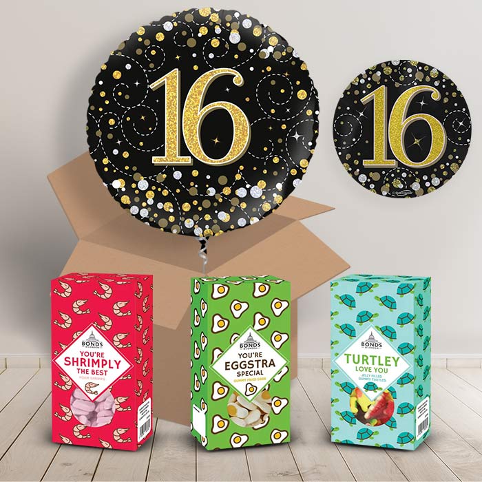 16th Birthday Sweet Box and Inflated Helium Balloon Gift Package in Black and Gold