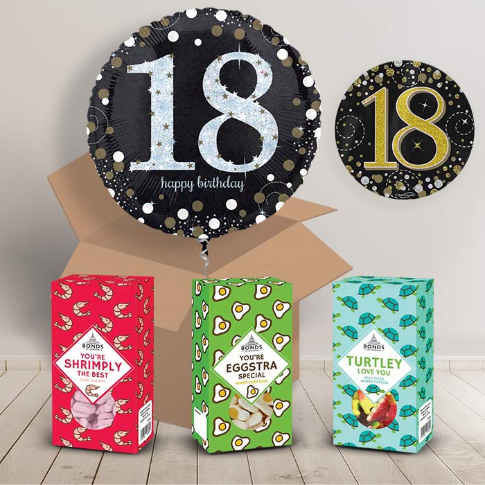 18th Birthday Sweet Box and Inflated Helium Balloon Gift Package in Black and Gold