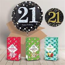 21st Birthday Sweet Box and Inflated Helium Balloon Gift Package in Black and Gold