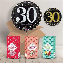 30th Birthday Gift Sweet & Balloon in a Box Package (Black & Gold)