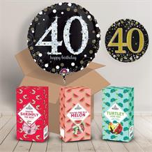 40th Birthday Gift Fudge & Balloon in a Box Package (Black & Gold)