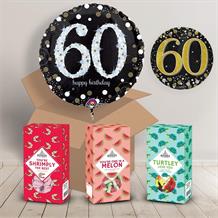 60th Birthday Sweet Box and Inflated Helium Balloon Gift Package in Black and Gold