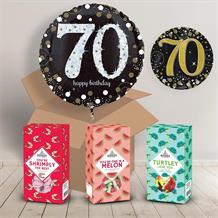 70th Birthday Gift Sweets & Balloon in a Box Package (Black & Gold)