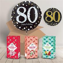 80th Birthday Sweet Box and Inflated Helium Balloon Gift Package in Black and Gold