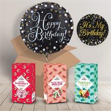 Happy Birthday Sweet Box and Inflated Helium Balloon Gift Package in Black and Gold