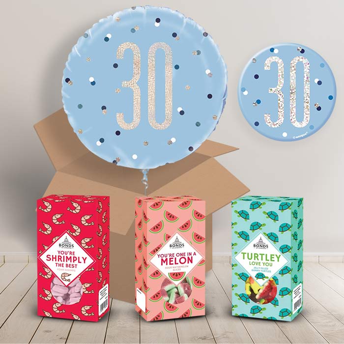30th Birthday Sweet Box and Inflated Helium Balloon Gift Package in Blue