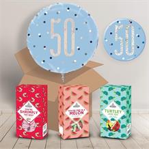 50th Birthday Gift Sweets & Balloon in a Box (Blue) | Party Save Smile