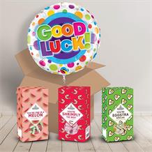 Good Luck Sweet Box and Inflated Helium Balloon Gift Package in Dots Design