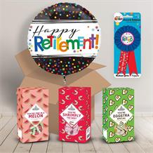 Happy Retirement Sweet Box and Inflated Helium Balloon Gift Package in Confetti Design