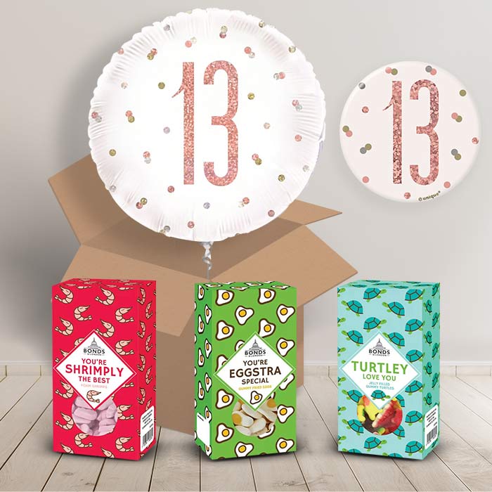 13th Birthday Gift Sweets & Balloon in a Box (Rose Gold) | Party Save Smile