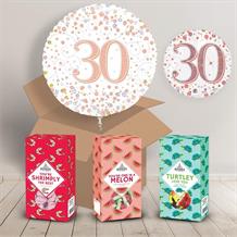 30th Birthday Sweet Box and Inflated Helium Balloon Gift Package in Rose Gold