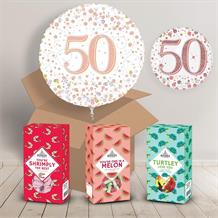 50th Birthday Sweet Box and Inflated Helium Balloon Gift Package in Rose Gold