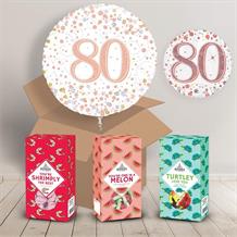80th Birthday Sweet Box and Inflated Helium Balloon Gift Package in Rose Gold