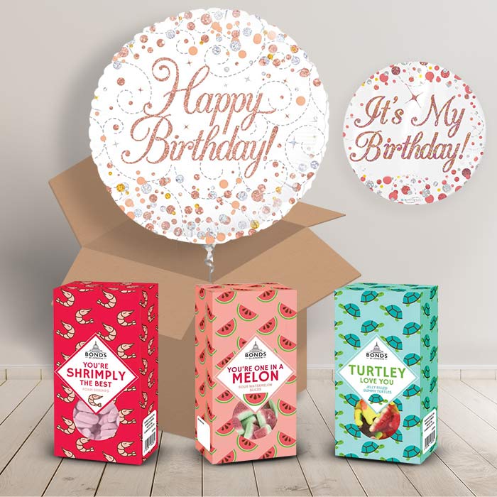 Happy Birthday Sweet Box and Inflated Helium Balloon Gift Package in Rose Gold