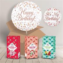 Happy Birthday Sweet Box and Inflated Helium Balloon Gift Package in Rose Gold