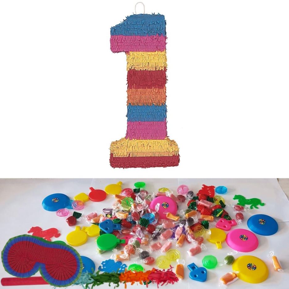 Number 1 Rainbow Design Pinata Party Kit with Favours and Confetti