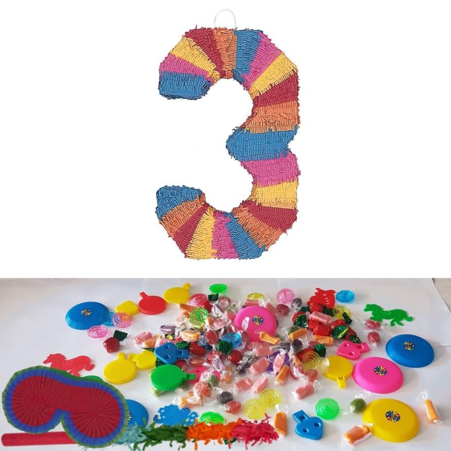 Number 3 Rainbow Design Pinata Party Kit with Favours and Confetti