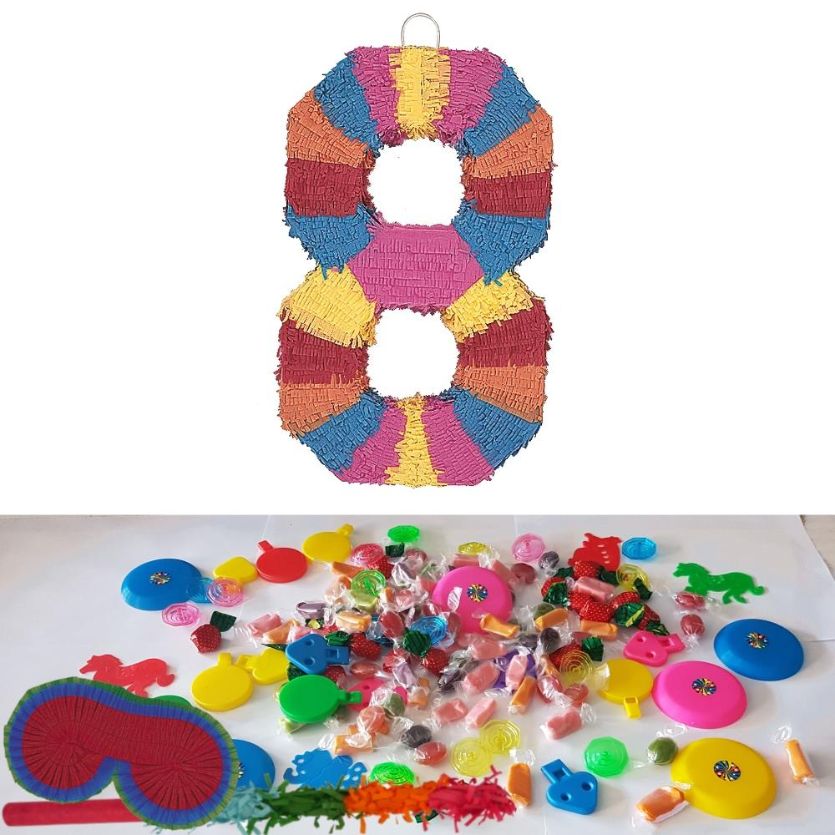 Number 8 Rainbow Design Pinata Party Kit with Favours and Confetti
