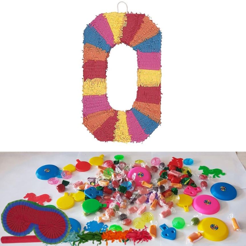 Number 0 Rainbow Design Pinata Party Kit with Favours and Confetti