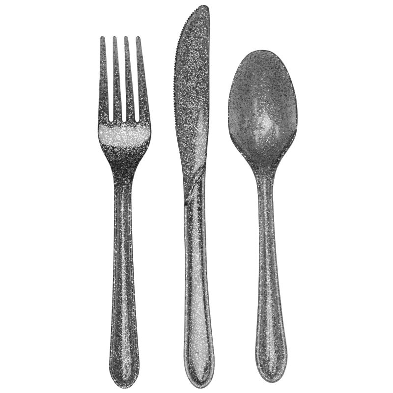 Silver Glitter Premium Plastic Knife, Fork and Spoon Cutlery Set