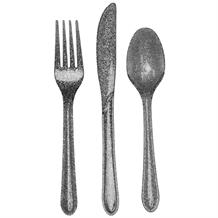 Silver Glitter Premium Plastic Knife, Fork and Spoon Cutlery Set