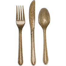 Gold Glitter Premium Plastic Knife, Fork and Spoon Cutlery Set