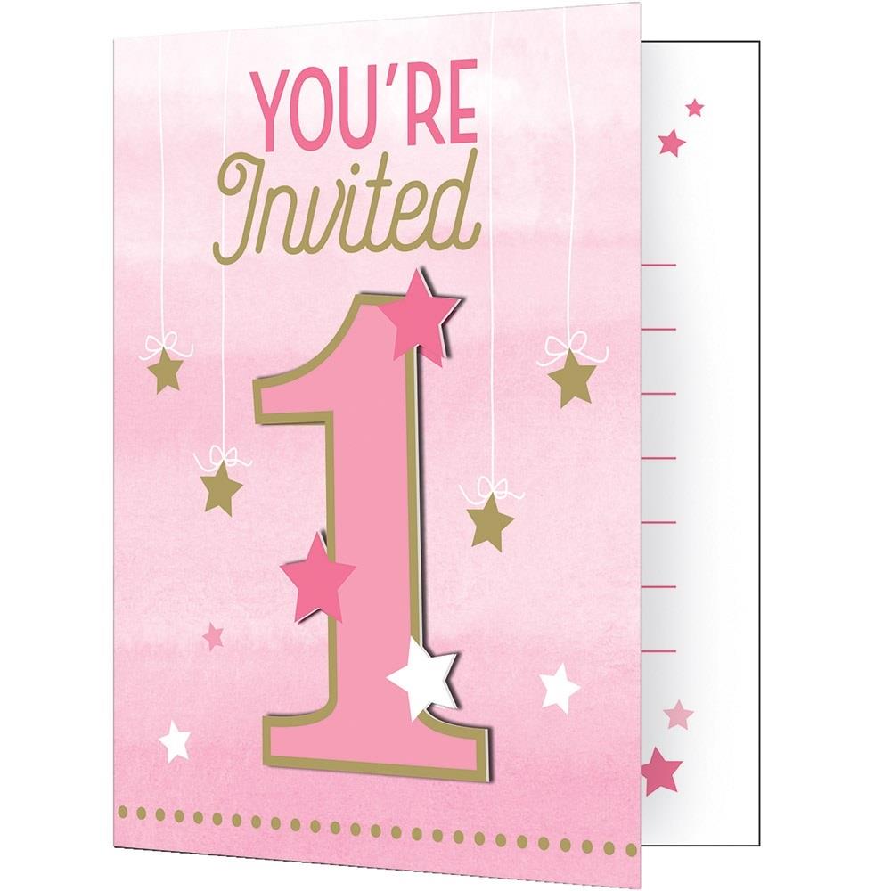 Pink Twinkle Star 1st Birthday Party Invitations | Invites