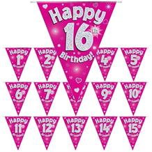Pink Heart Happy Birthday Age 1-16 Foil Flag | Bunting Banner - Choose your Age