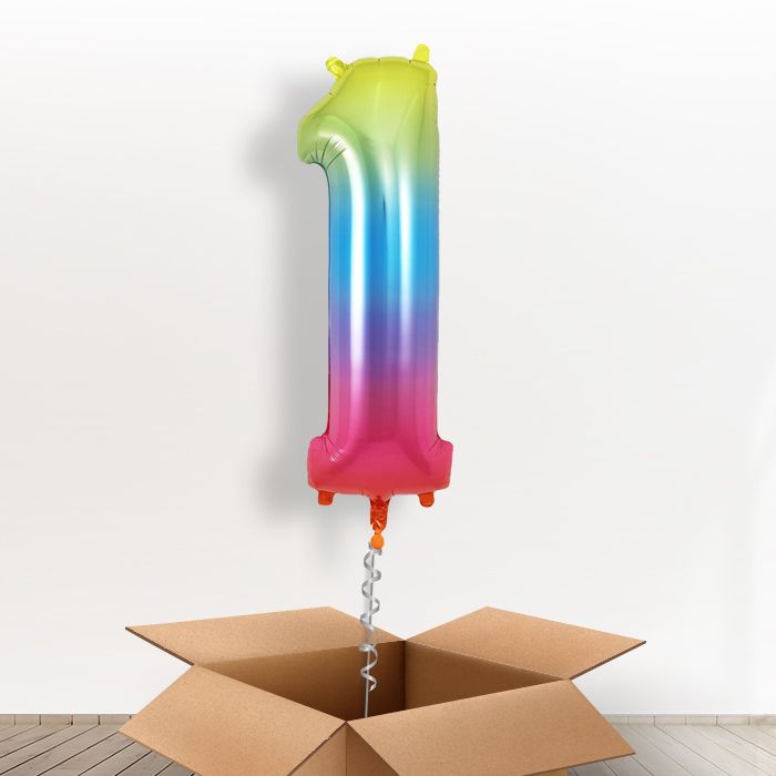 Rainbow Coloured Giant Number 1 Balloon in a Box Gift