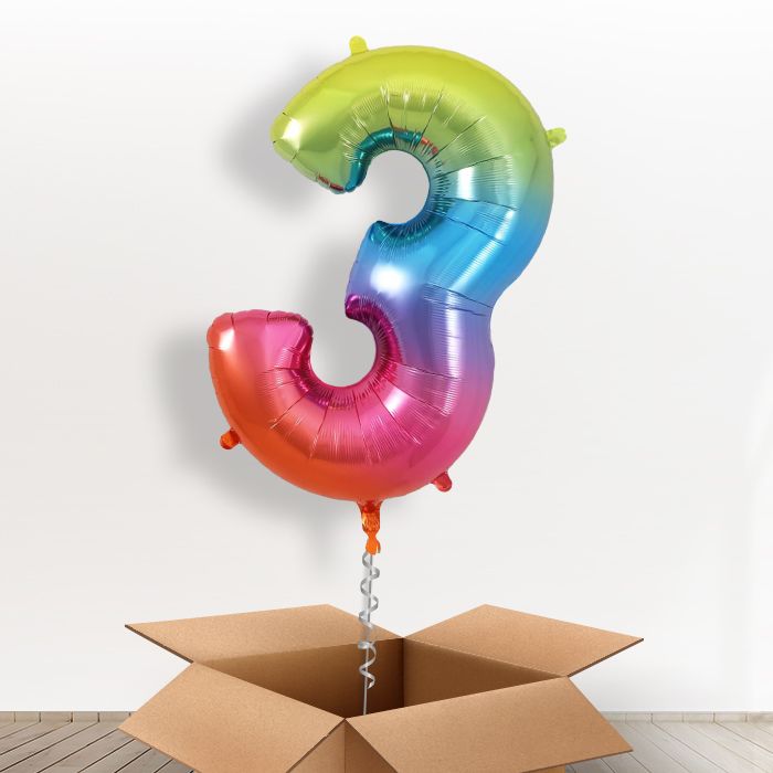 Rainbow Coloured Giant Number 3 Balloon in a Box Gift