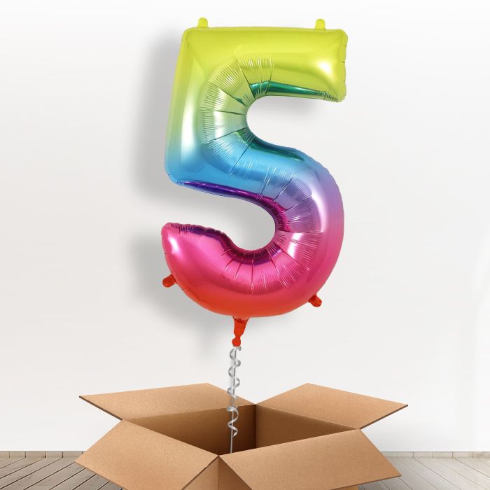 Rainbow Coloured Giant Number 5 Balloon in a Box Gift