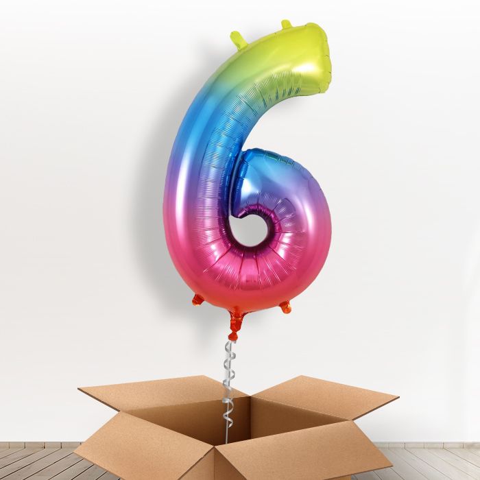 Rainbow Coloured Giant Number 6 Balloon in a Box Gift