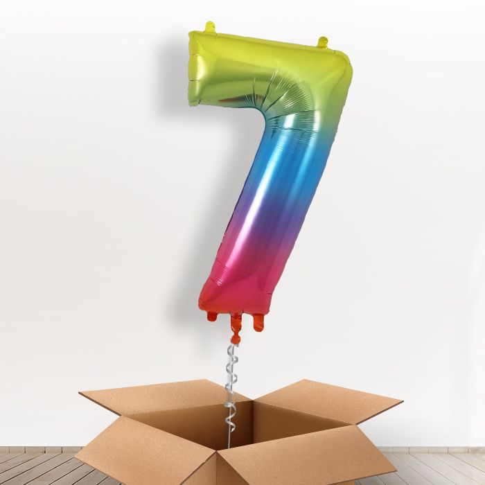 Rainbow Coloured Giant Number 7 Balloon in a Box Gift