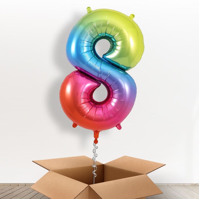 Rainbow Coloured Giant Number 8 Balloon in a Box Gift