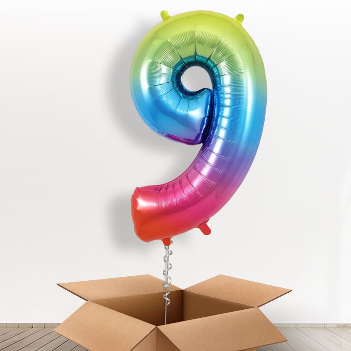 Rainbow Coloured Giant Number 9 Balloon in a Box Gift