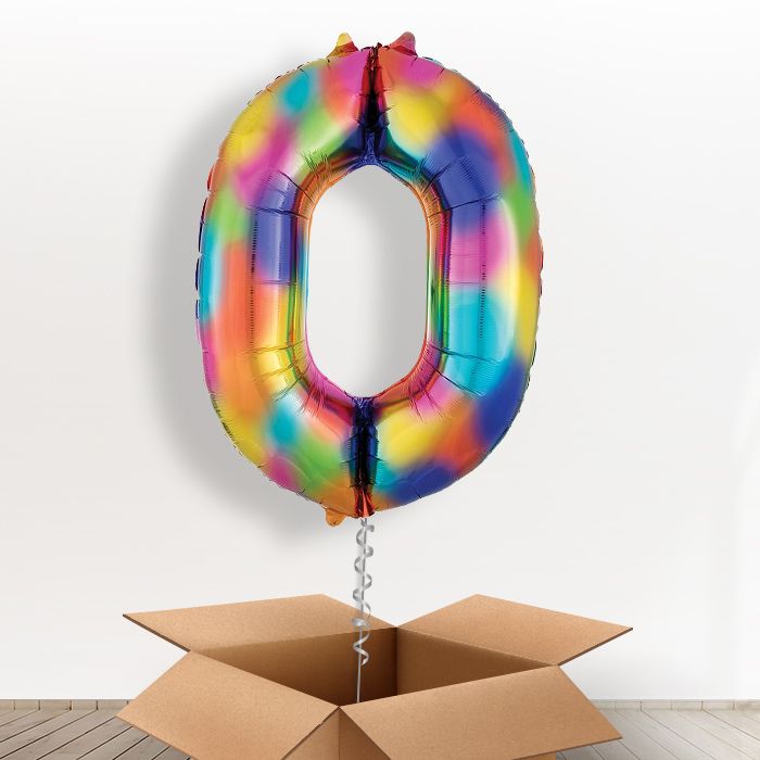 Rainbow Coloured Splash Giant Number 0 Balloon in a Box Gift