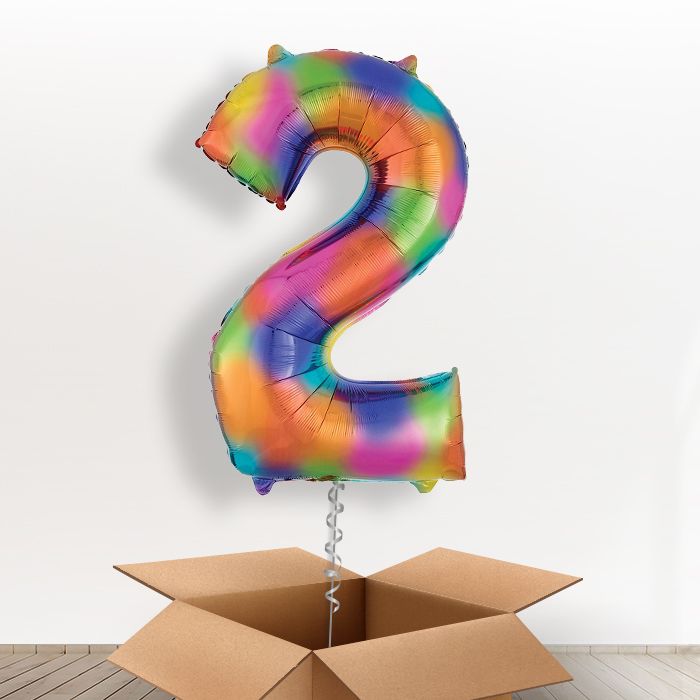 Rainbow Coloured Splash Giant Number 2 Balloon in a Box Gift