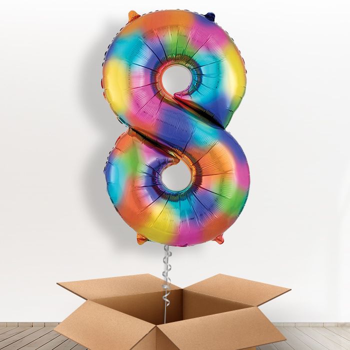 Rainbow Coloured Splash Giant Number 8 Balloon in a Box Gift