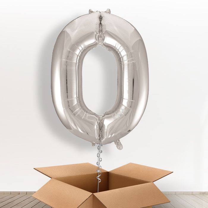 Silver Giant Number 0 Balloon in a Box Gift