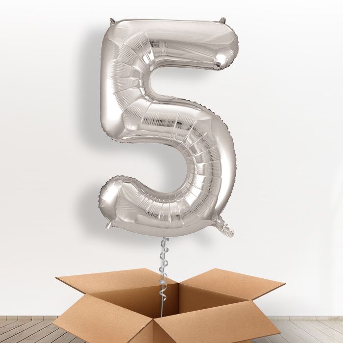 Silver Giant Number 5 Balloon in a Box Gift