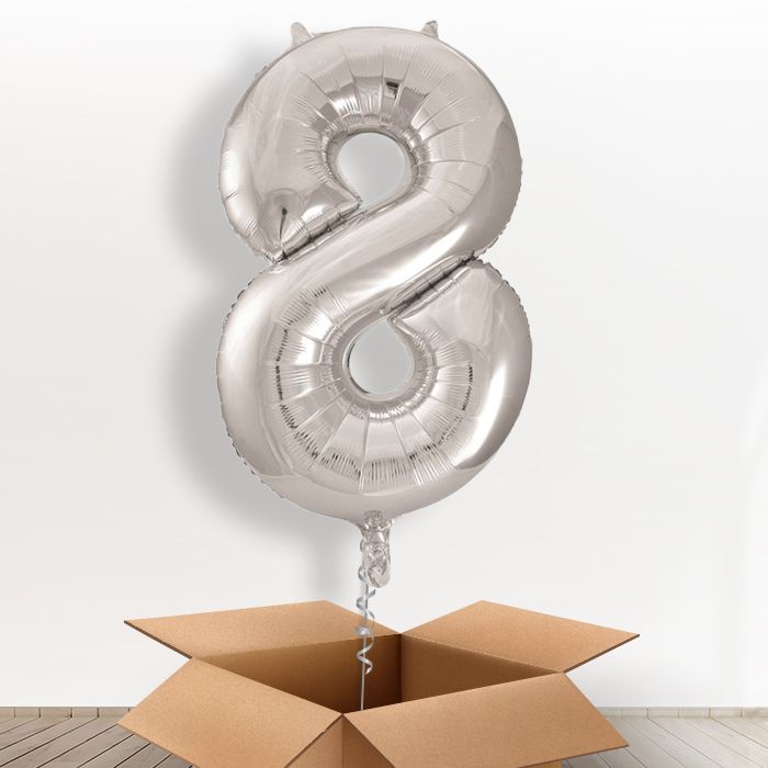 Silver Giant Number 8 Balloon in a Box Gift